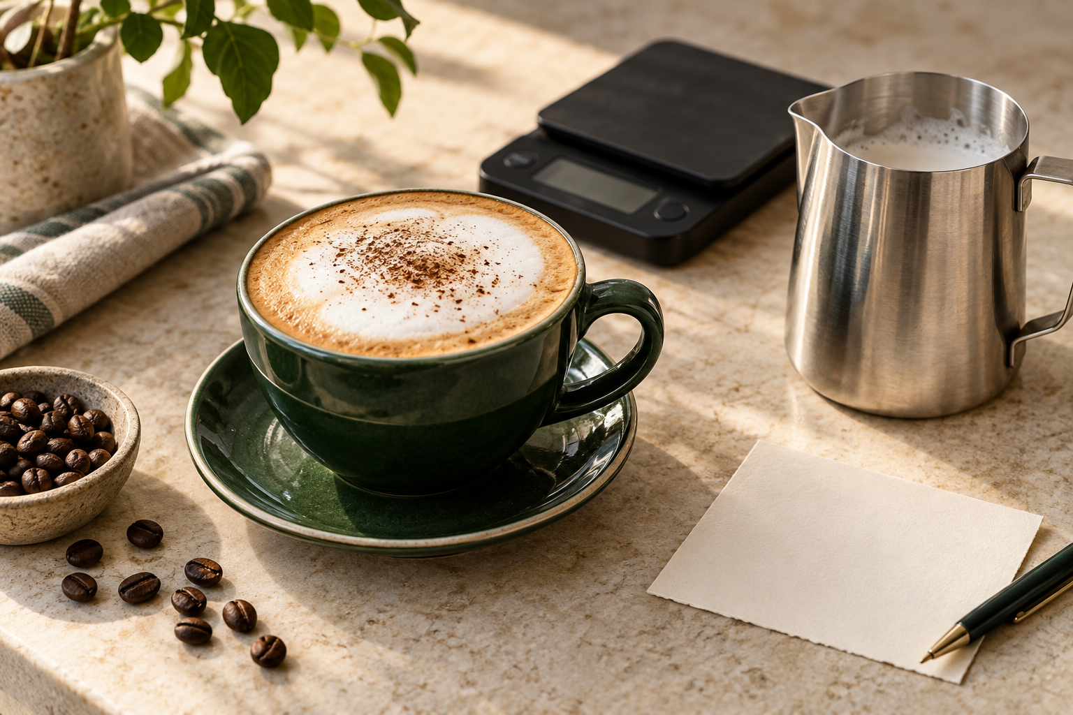 Cappuccino, Milchkännchen und Waage auf einer hellen Arbeitsfläche
