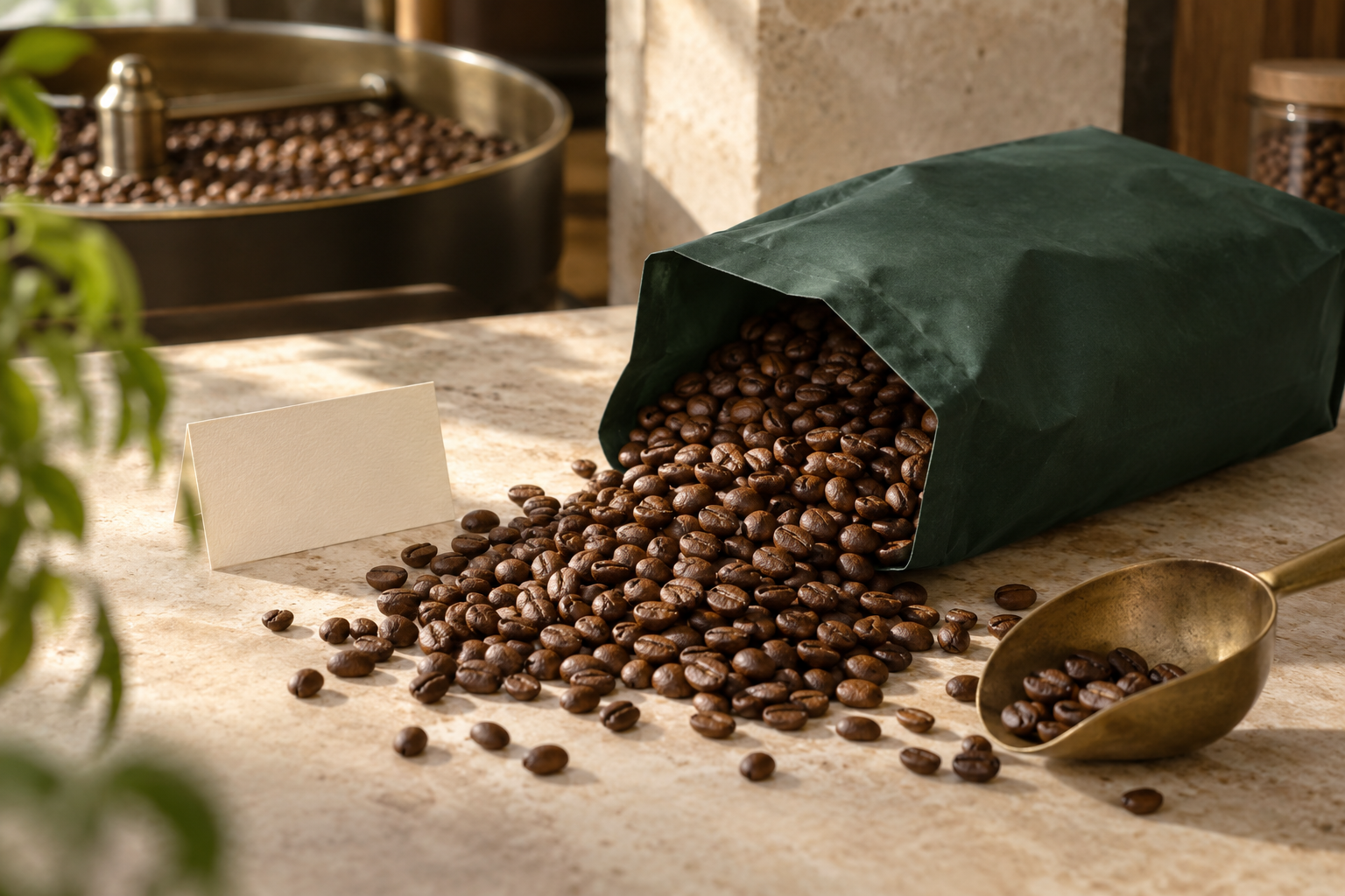 Dunkle Kaffeetüte mit frisch gerösteten Bohnen