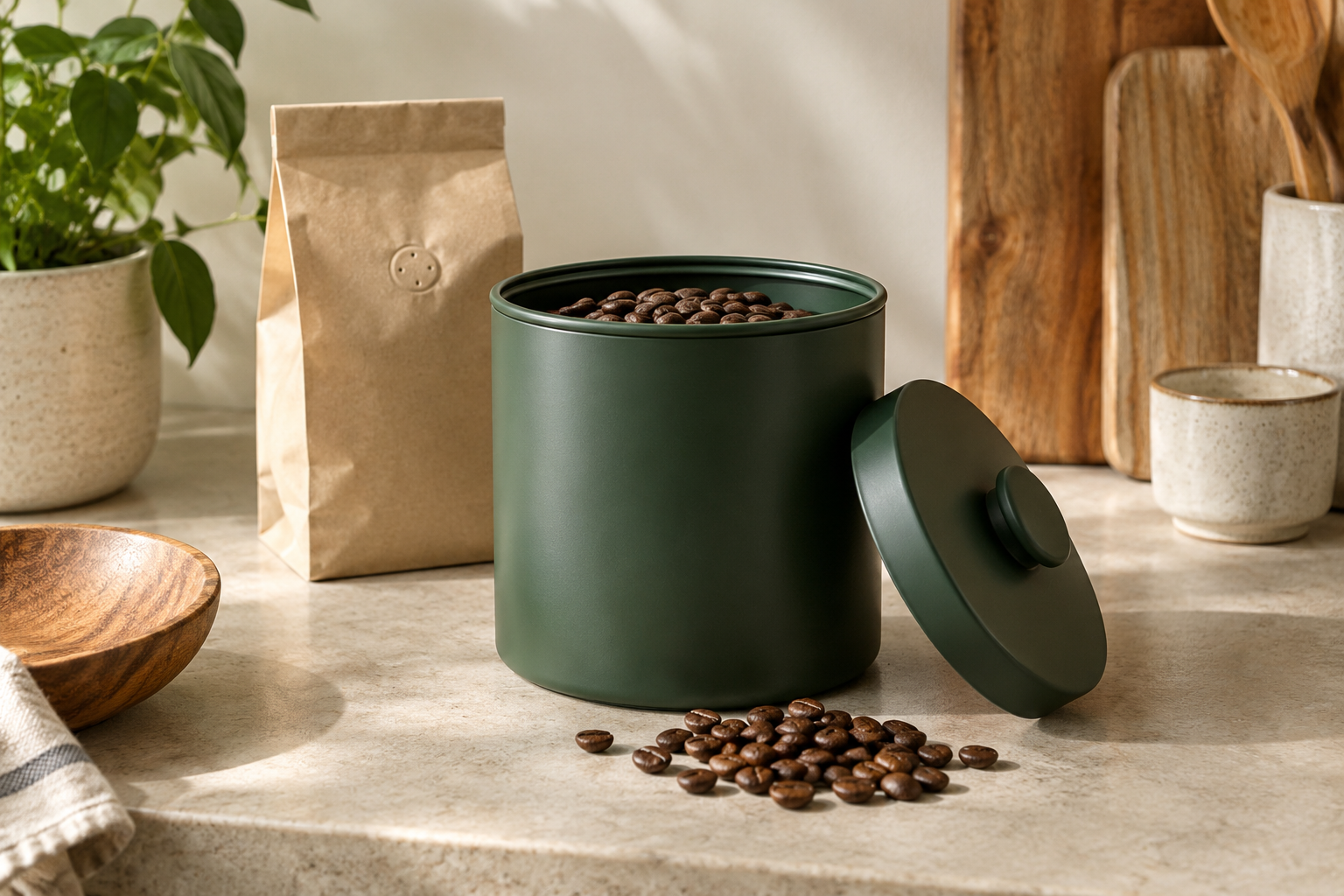 Portionierter Kaffee und luftdichte Kaffeedose auf einer Arbeitsfläche