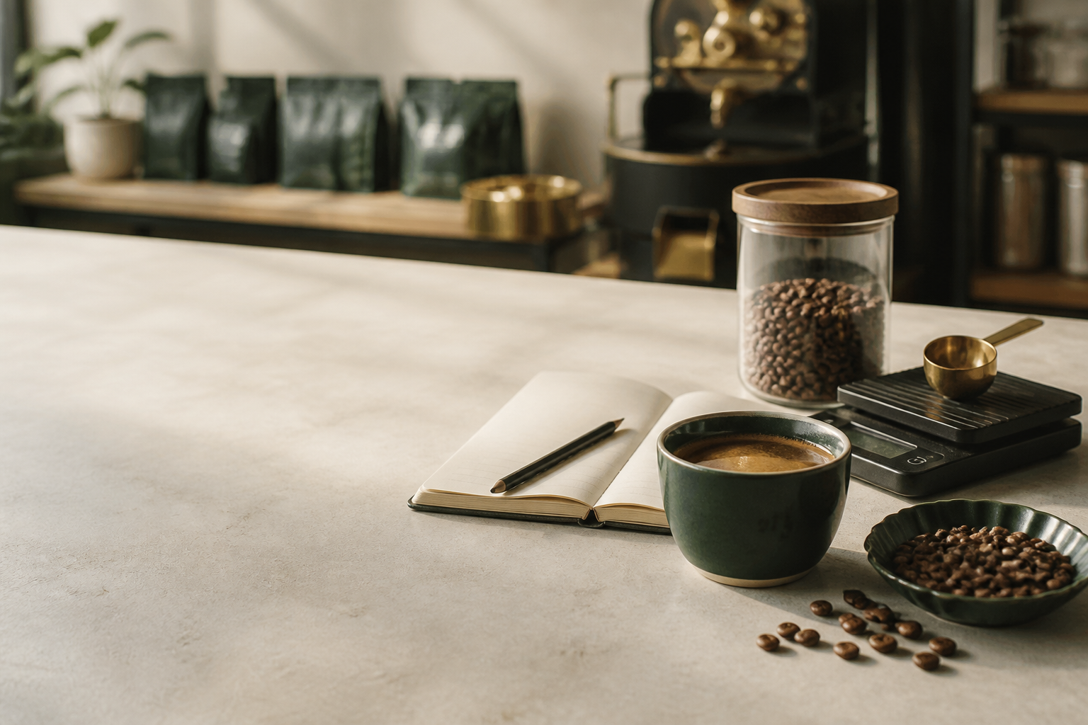 Frisch zubereiteter Kaffee und geröstete Bohnen