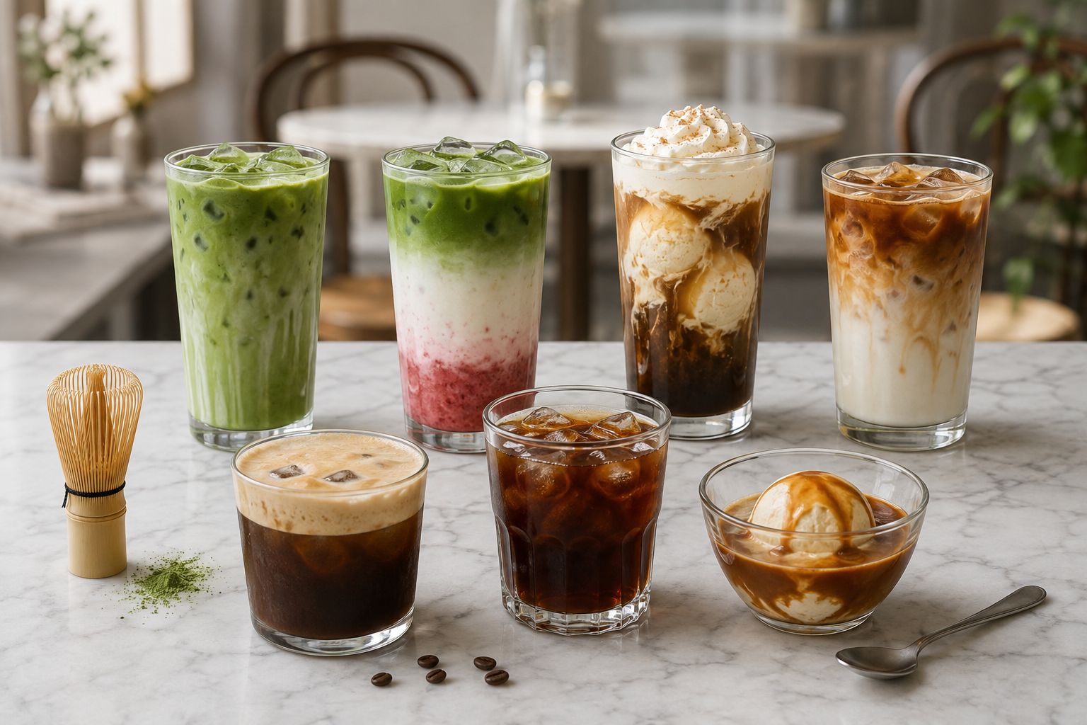 Matcha Latte, Erdbeer-Matcha, Eiskaffee, Iced Latte, Shaken Espresso, eisgekühlter Filterkaffee und Affogato