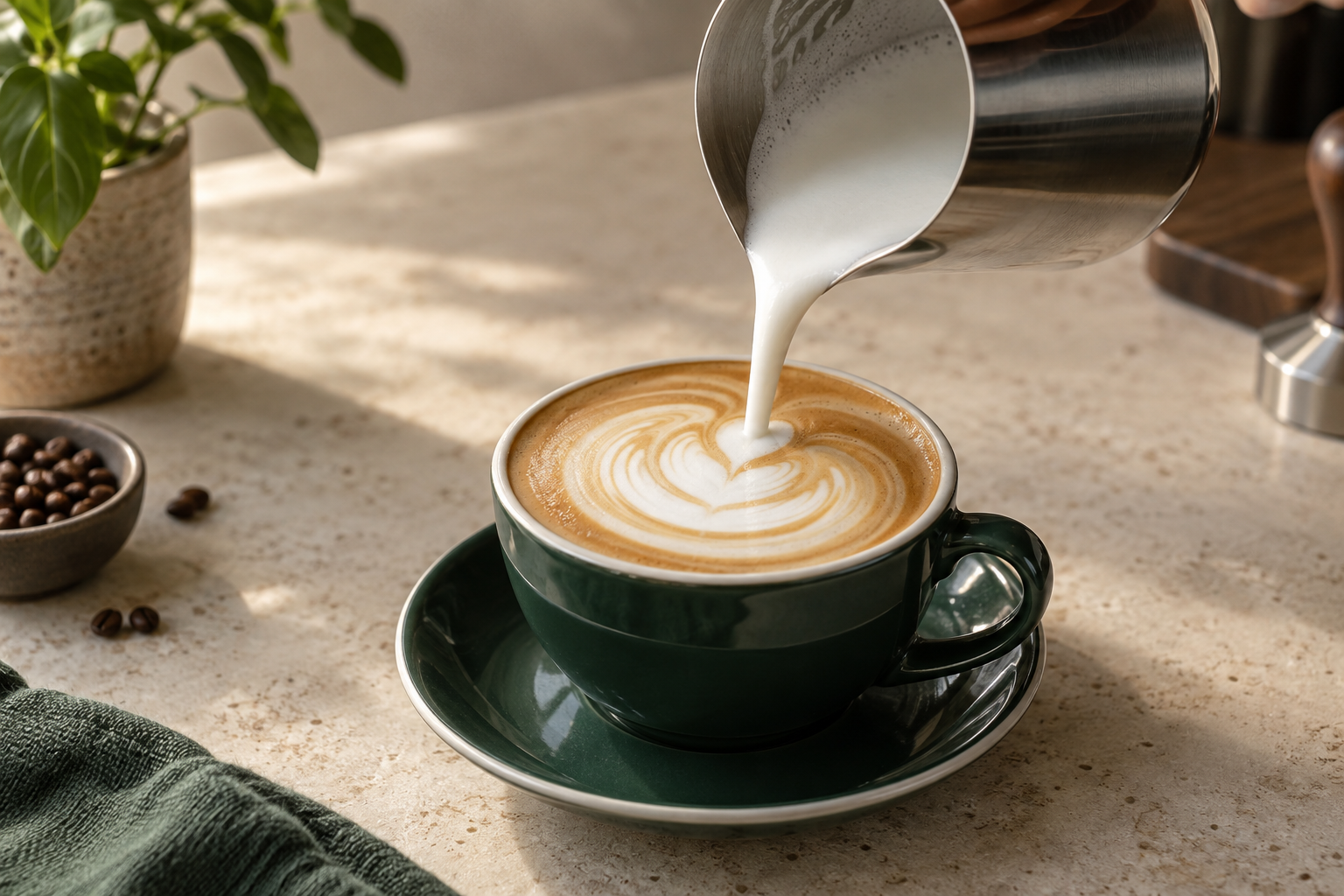 Glänzender Milchschaum wird kontrolliert in einen Cappuccino gegossen