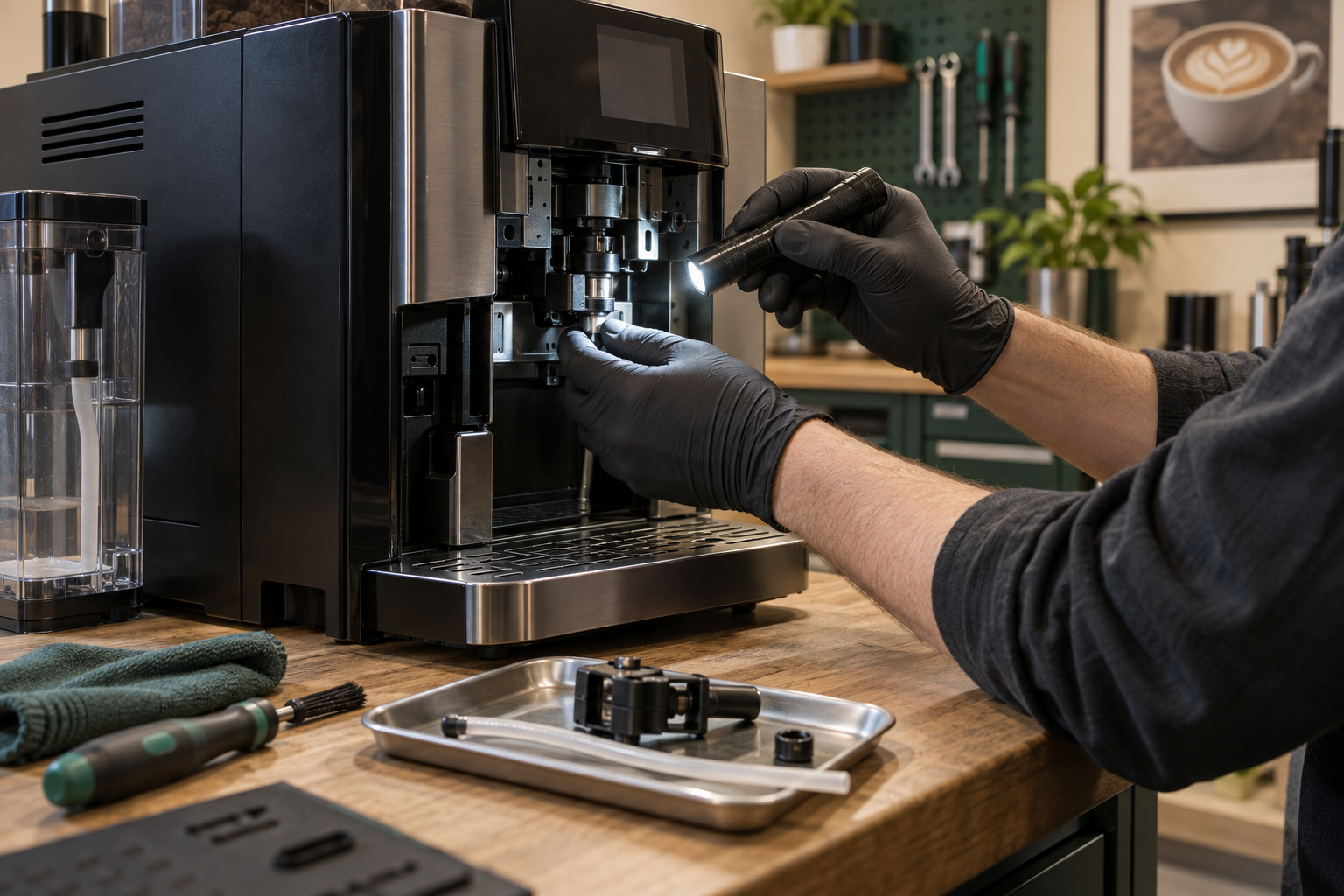 Milchsystem eines Kaffeevollautomaten wird in einer Werkstatt geprüft