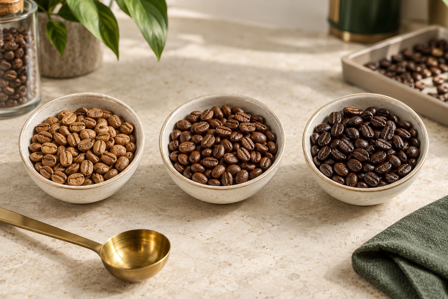 Geröstete Kaffeebohnen verschiedener Röstgrade zur Sichtprüfung